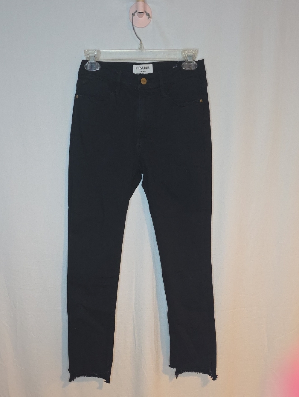 Frame Denim "Le High Straight" Black Jeans with White Label And Gold Details